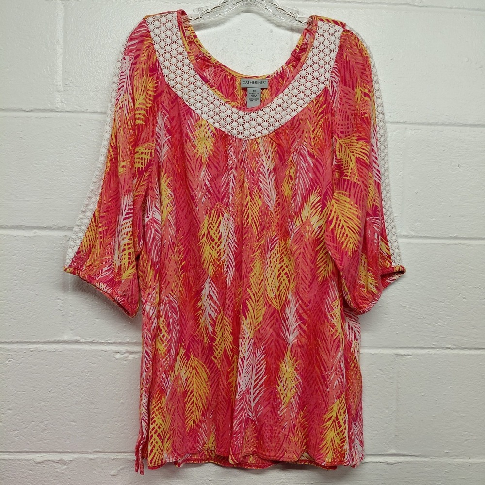 Catherines Tunic Top Blouse 3X Multicolor Pink Print Long Sleeves Crochet Detail